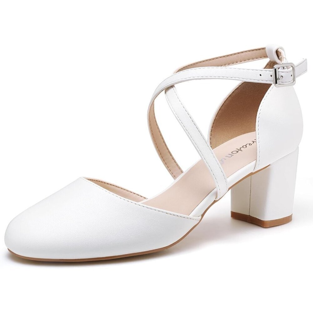 Women's White Synthetic Round Toe Cross Strap Low Block Heeled Dress Pumps